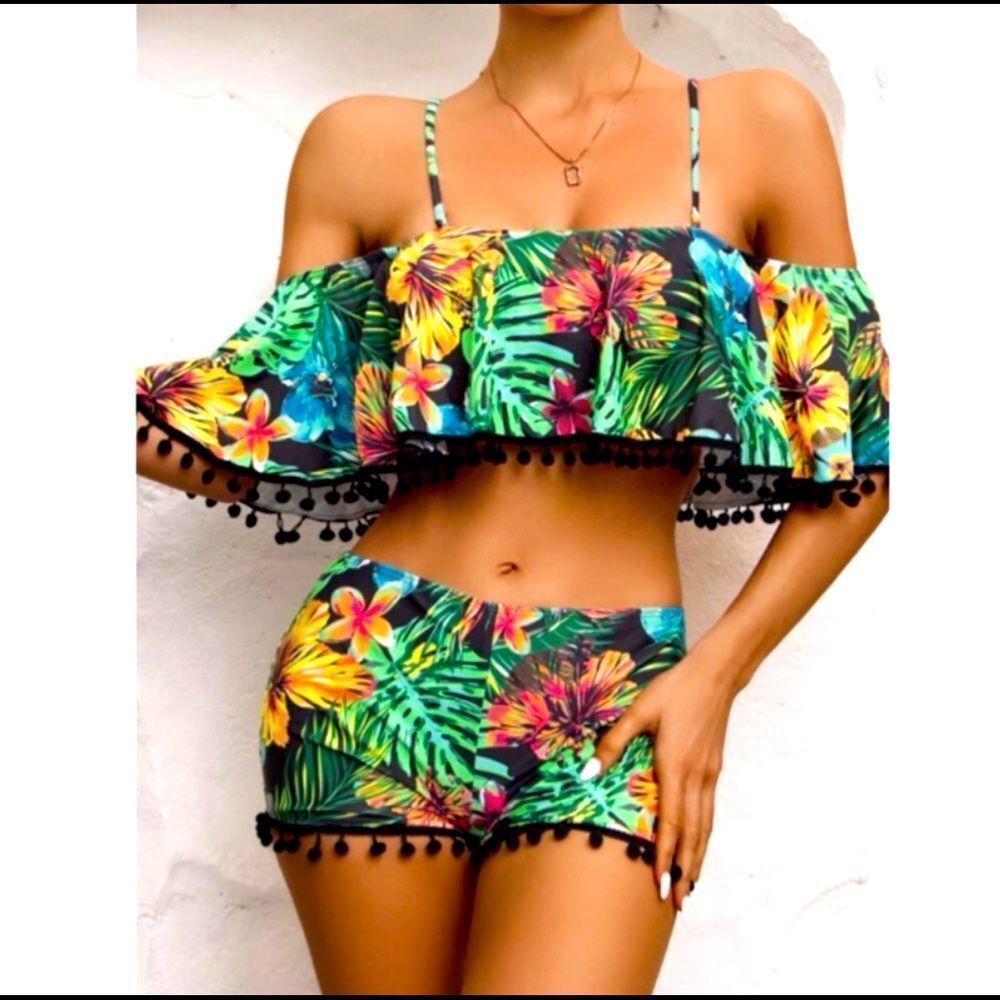Stylemaker Sexy Pom Pom 2 Piece Tropical Swimsuit